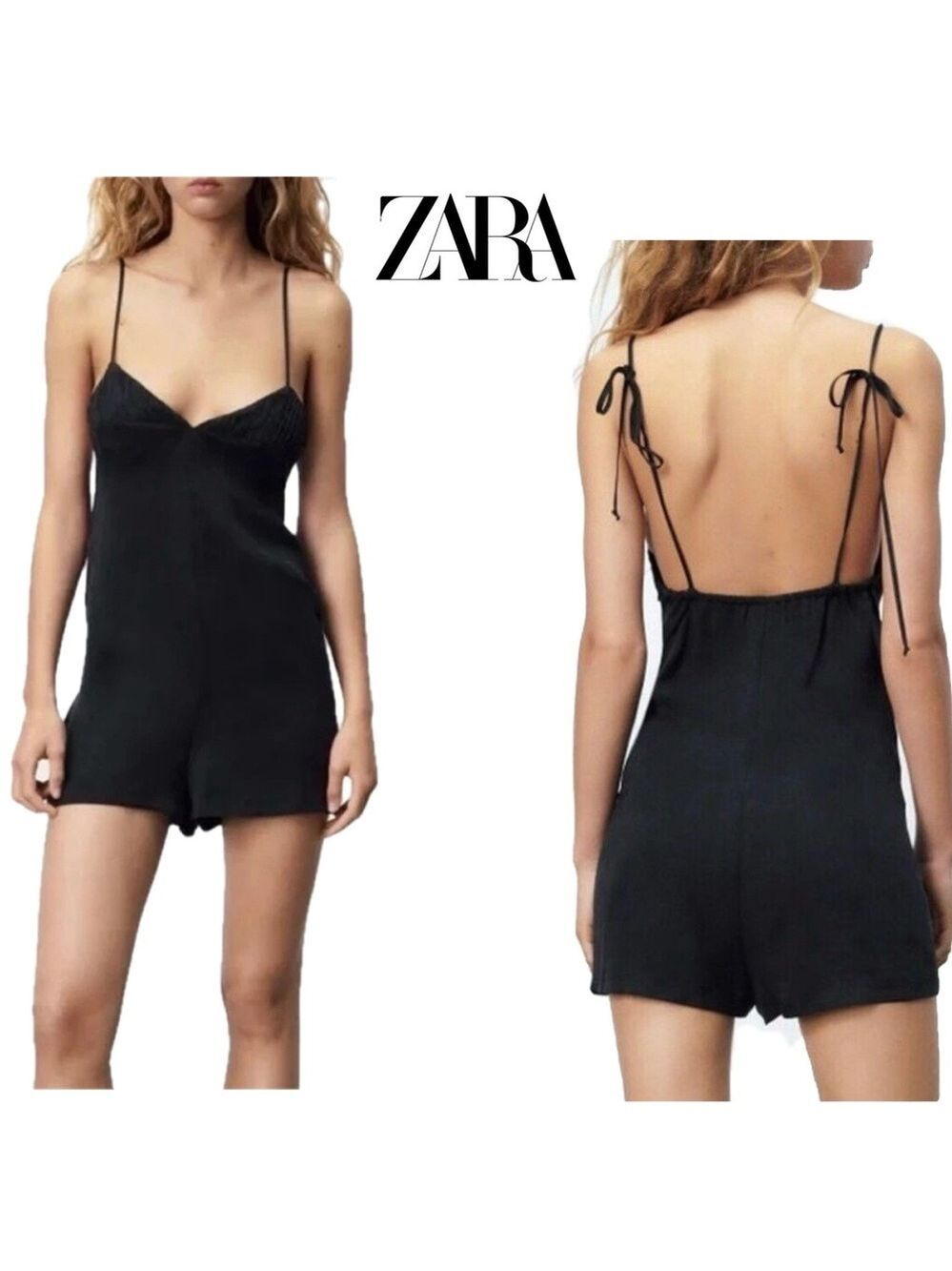 Zara black romper sweetheart V-neck spaghetti strap Sz L Spring Summer NWOT